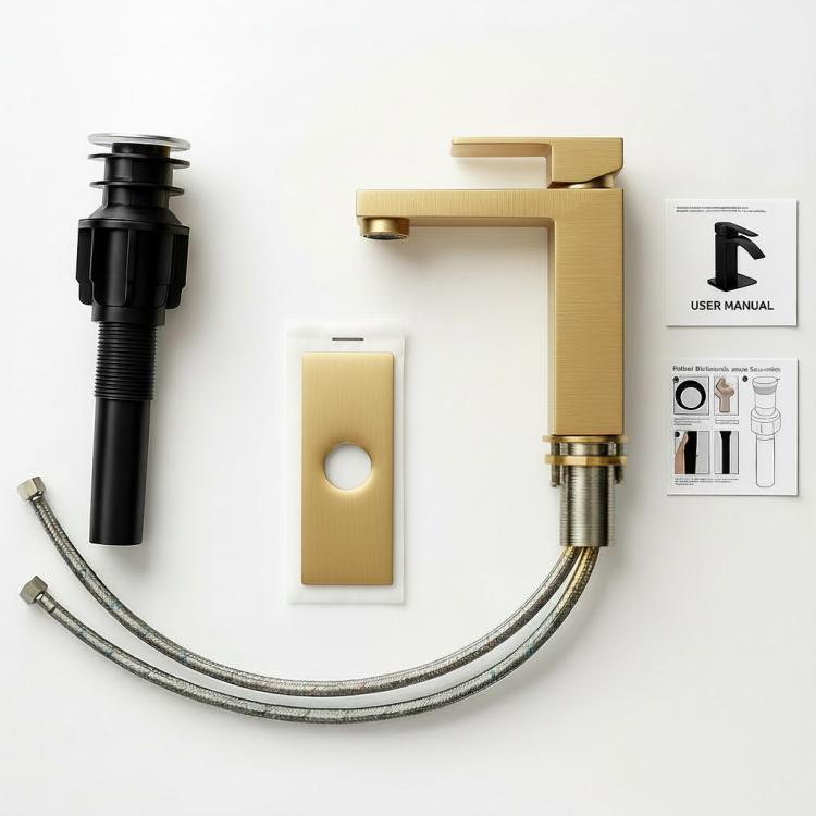 Brushed gold faucet kit with flexible hoses, mounting plate, and user manual.