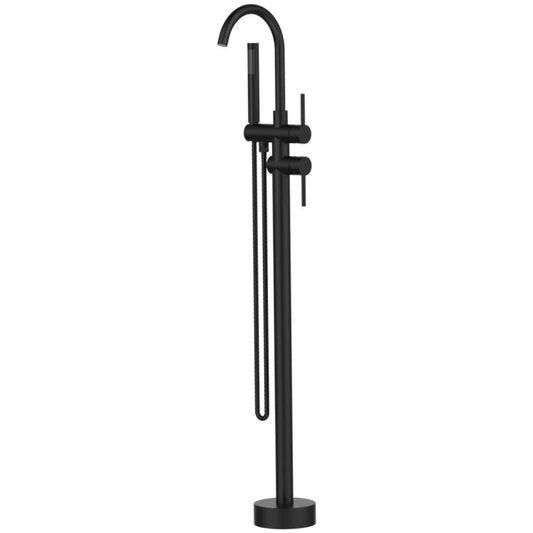 Matte black freestanding bathtub faucet with high-arc spout and two control handles