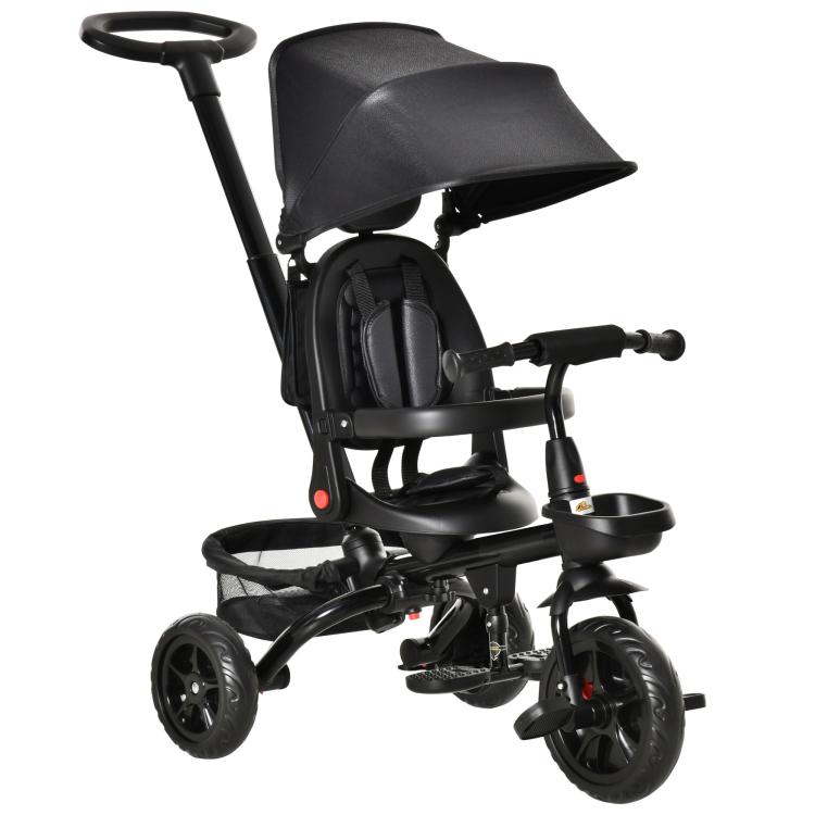 Black kids tricycle with canopy, safety bar, and adjustable parent handle