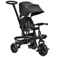 Black foldable kids tricycle with safety seat, parent handle, pedals, wheel brakes