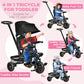 Black foldable kids tricycle shown in multiple modes with reversible seat