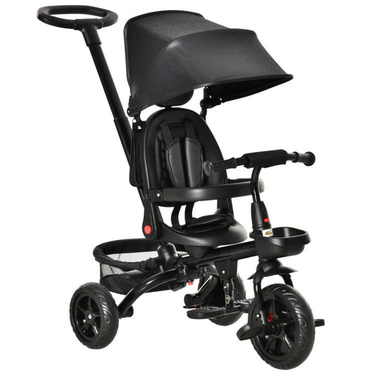 Black kids tricycle with canopy, safety bar, and adjustable parent handle