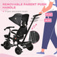 Black tricycle with removable, height-adjustable parent push handle