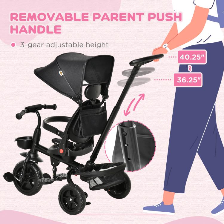 Black tricycle with removable, height-adjustable parent push handle
