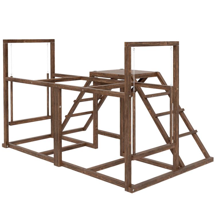 Chicken activity play set viewed from side with wooden ladder and multi-level platforms