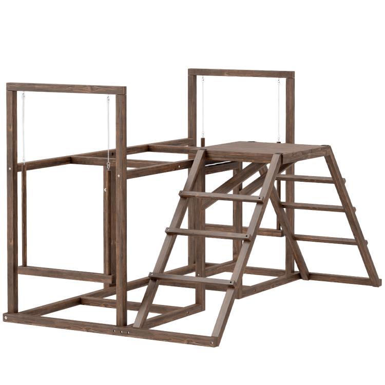 Chicken activity play set with wooden platform, ladder, and swing frame