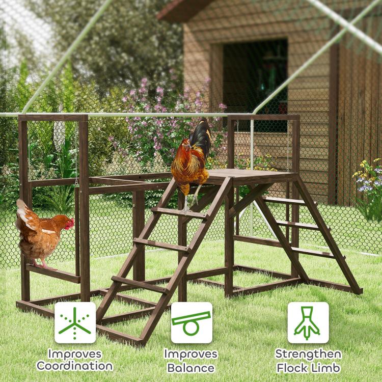 Chicken activity play set with roosting chickens and ladder on wooden frame