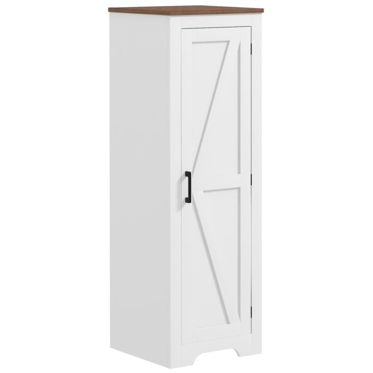 White farmhouse storage cabinet with hinged barn door and black pull handle.