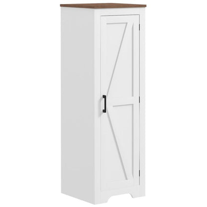 White farmhouse storage cabinet with hinged barn door and black pull handle.
