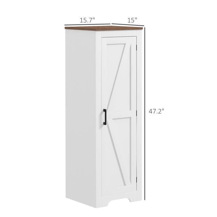 White floor cabinet with barn door and black pull handle, front view with measurements.
