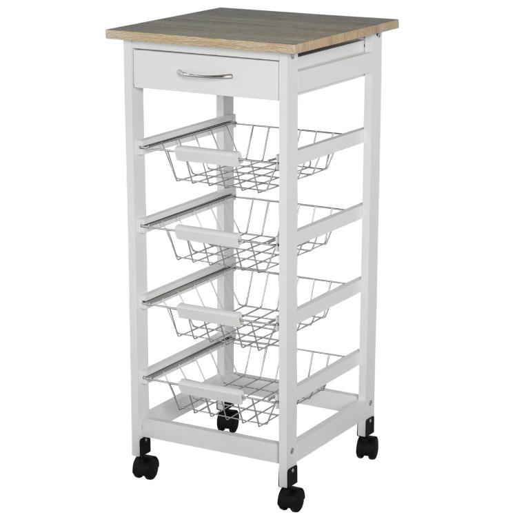White rolling kitchen island cart with wire shelves, drawer, and wood tabletop on wheels