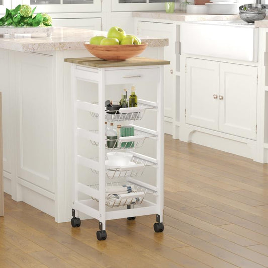 White utility cart with wood top, wire storage shelves, and front drawer on casters
