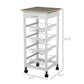 White rolling kitchen cart with wood top, wire baskets, and drawer cabinet, caster-based