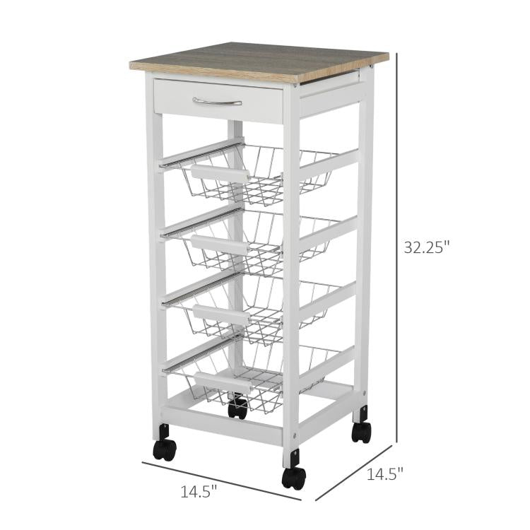 White rolling kitchen cart with wood top, wire baskets, and drawer cabinet, caster-based