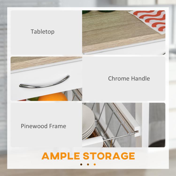 White kitchen cart with chrome handle, pinewood frame, and wood tabletop details
