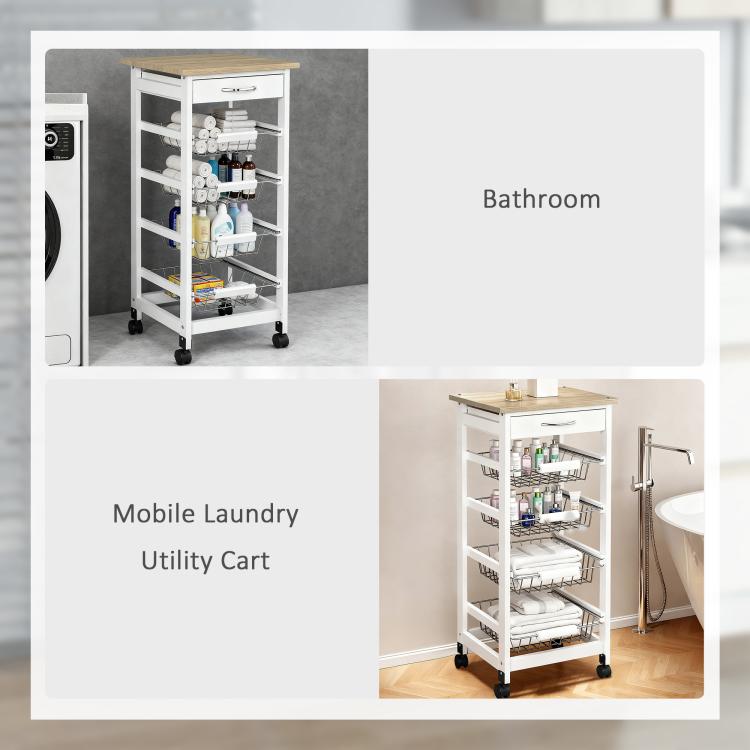 White utility cart with wood top, wire shelves, and drawer, shown as a mobile storage unit