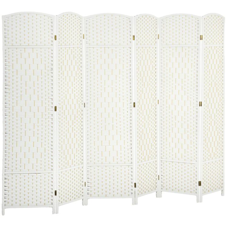 White 6-panel folding room divider screen with arched tops and woven texture