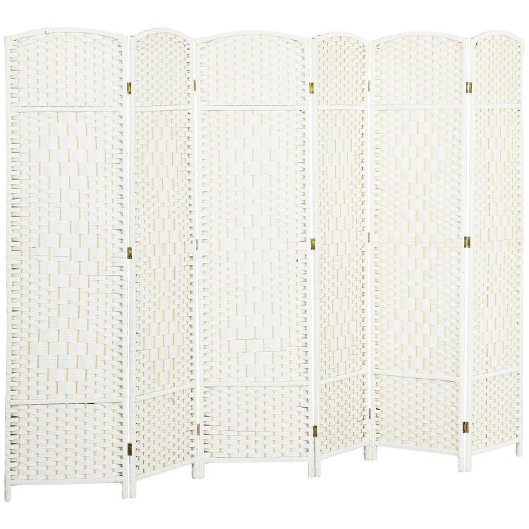 White folding 6-panel room divider screen with woven texture and feet
