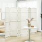 White folding privacy screen with curved woven panels, freestanding