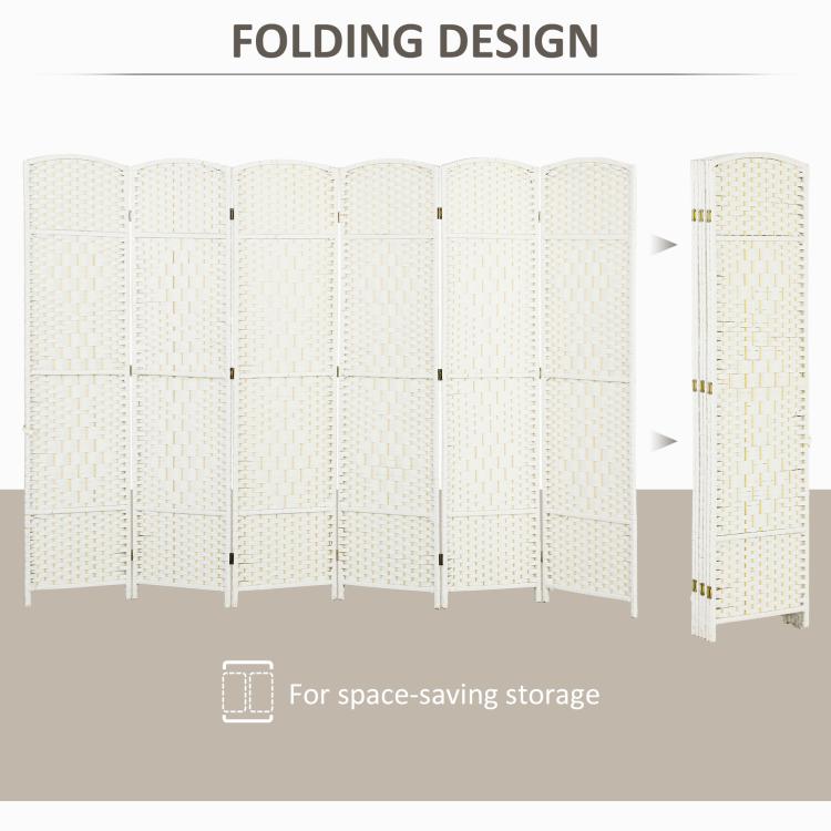 White 6-panel folding divider screen shown folded compactly for storage