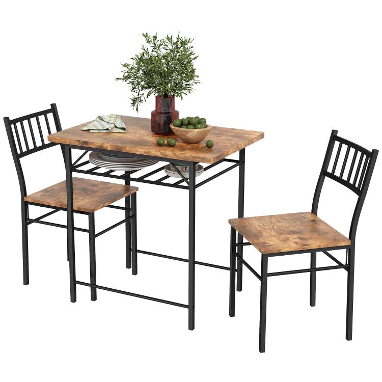 Brown dining table set for two with two wooden chairs and black steel frame