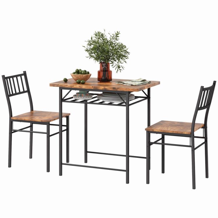 Dining table set with under-table storage shelf and two matching brown chairs