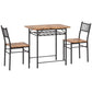 Brown wood dining table set for 2 with black steel frame and two slat-back chairs
