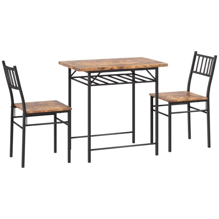 Brown wood dining table set for 2 with black steel frame and two slat-back chairs