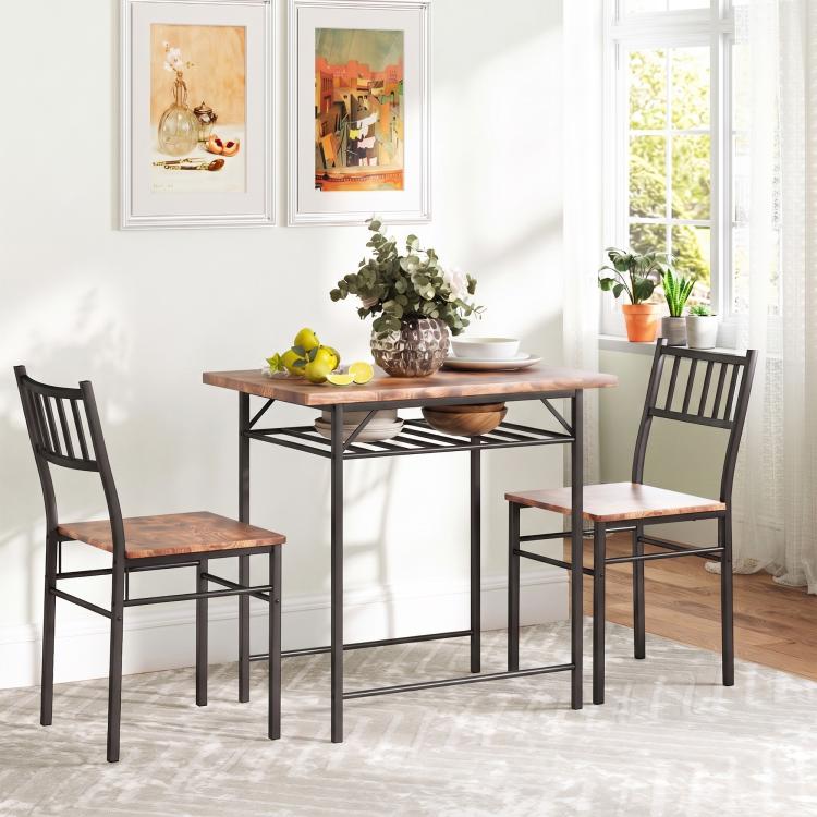 Brown dining table with two chairs and black steel frame for everyday meals