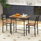 Brown dining table set with two chairs and lower storage rack for plates