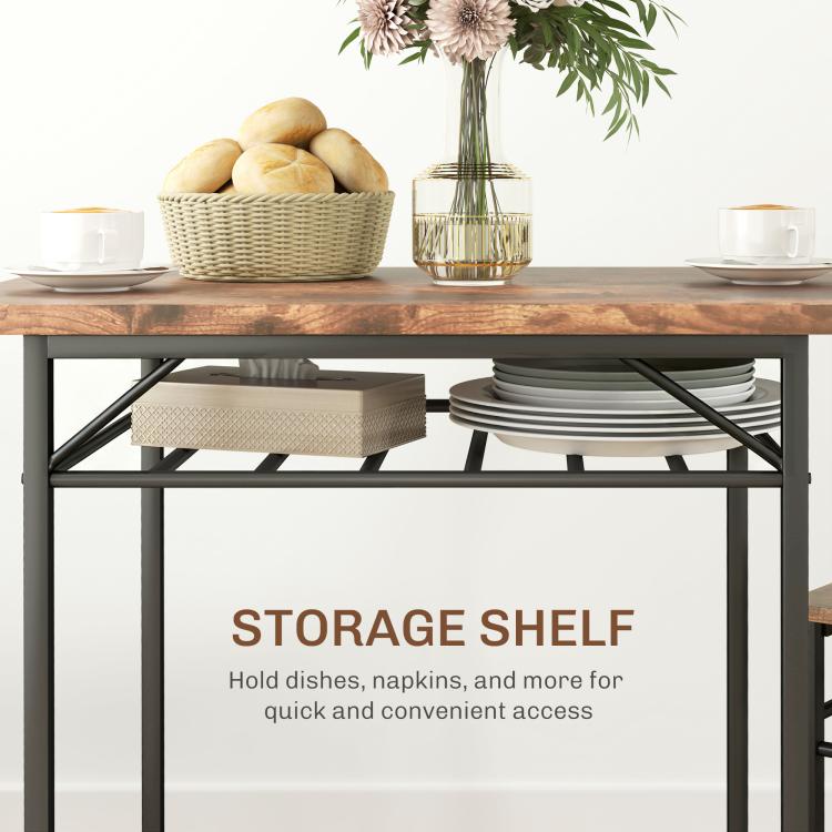 Close view of brown tabletop and steel storage shelf underneath