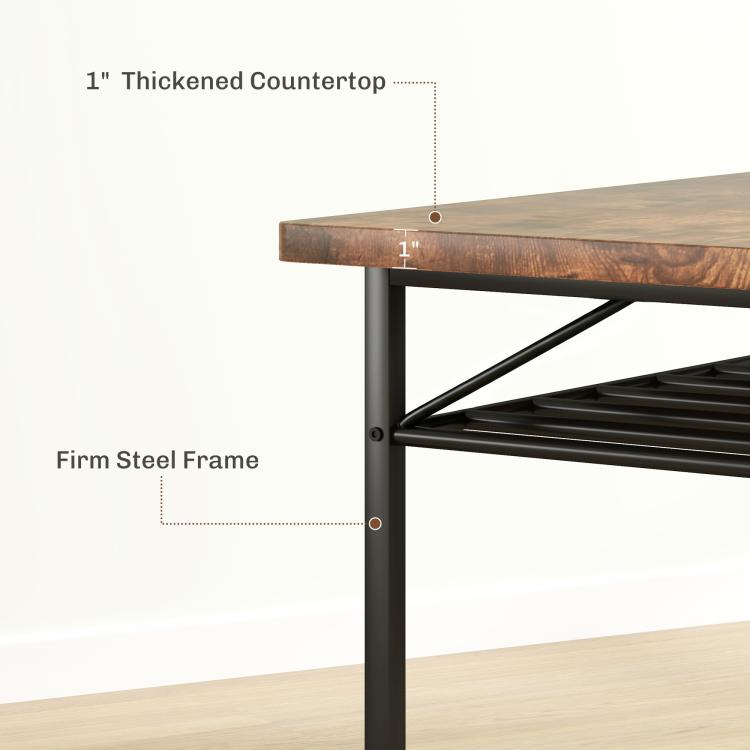 Side view showing thick brown tabletop and firm black steel frame