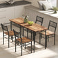 Long brown dining table with four chairs and black steel frame