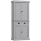 Gray kitchen pantry cabinet front: two top doors, two bottom doors, center drawer