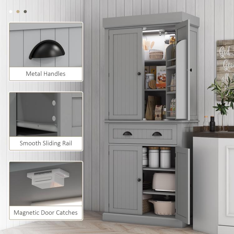 Gray pantry cabinet with metal handles, smooth sliding rail, and magnetic door catches