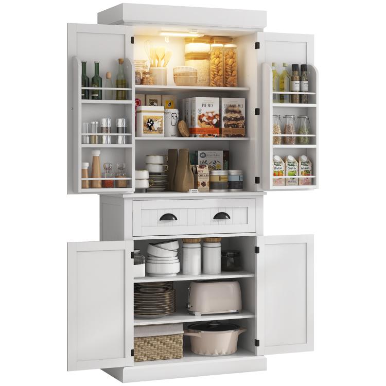 White kitchen pantry cabinet with open shelves, drawer, and interior LED lights