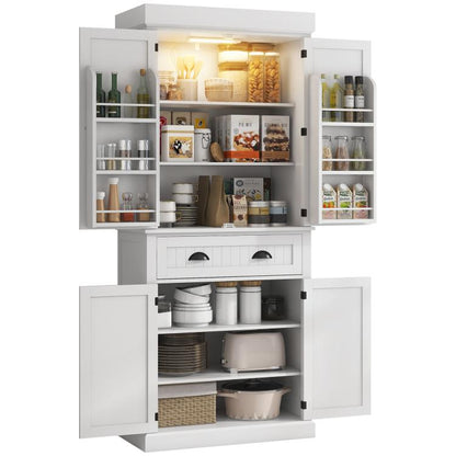 White kitchen pantry cabinet with open shelves, drawer, and interior LED lights
