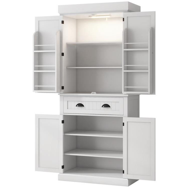 White pantry cabinet with doors open, showing upper and lower adjustable shelves