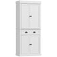 White kitchen pantry cabinet with double doors and drawer fronts, black handles
