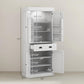 White pantry cabinet with dimensions view, showing open shelving and center drawer