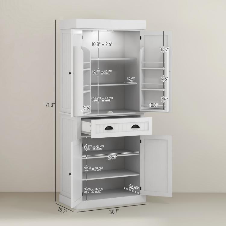 White pantry cabinet with dimensions view, showing open shelving and center drawer