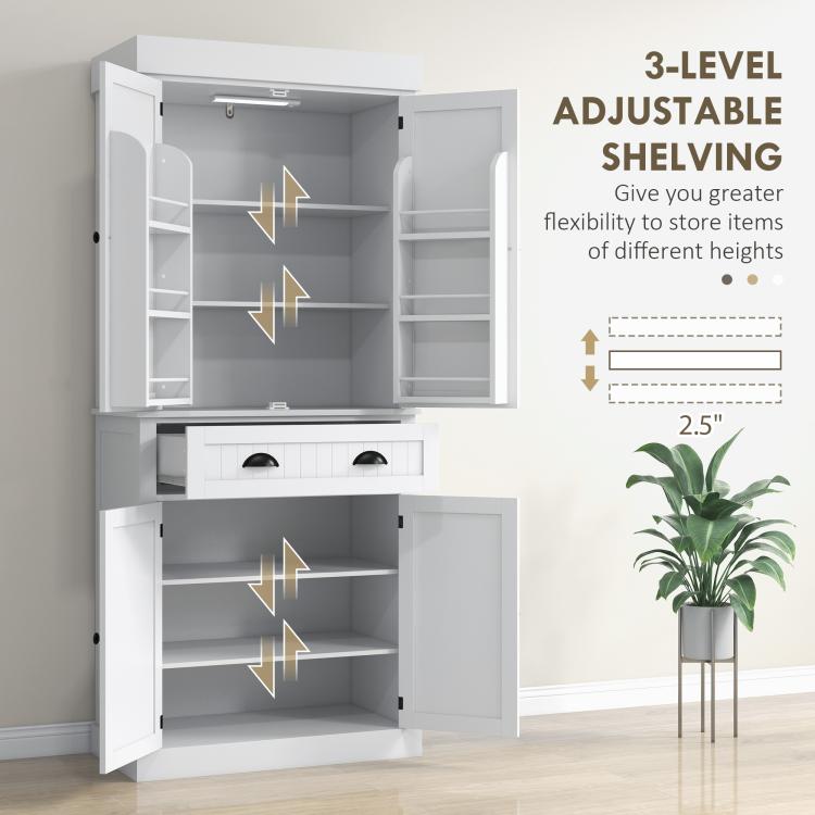 White pantry cabinet with 3-level adjustable shelving and open door compartments