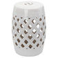 White ceramic stool with lattice cutout sides and a round top with small ventilation holes.