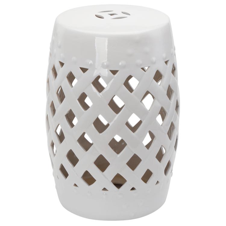 White ceramic stool with lattice cutout sides and a round top with small ventilation holes.