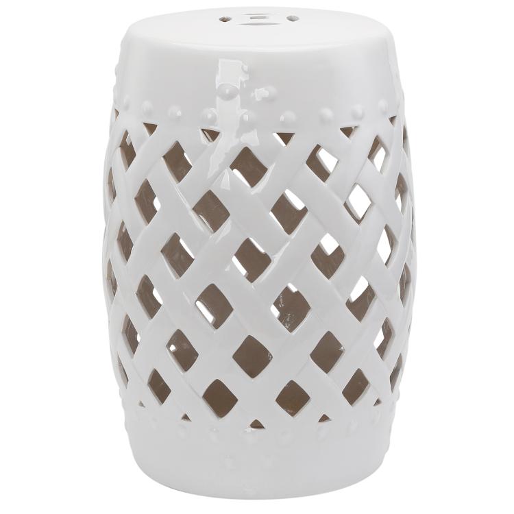 White ceramic garden stool with cutout woven lattice pattern on the sides
