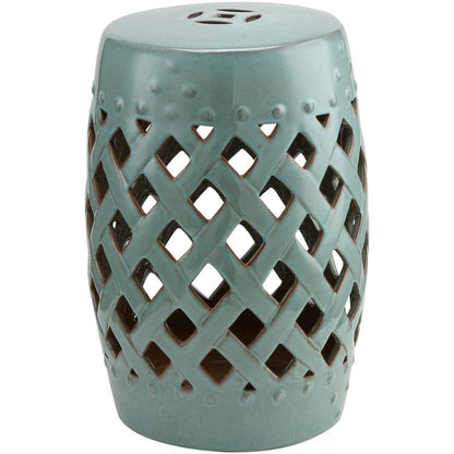 Ceramic garden stool with glazed teal finish and cutout lattice sides