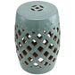 Glazed ceramic garden stool with teal finish and diamond lattice cutouts