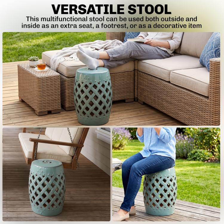 Ceramic stool in teal with diamond lattice pattern and rounded curved top