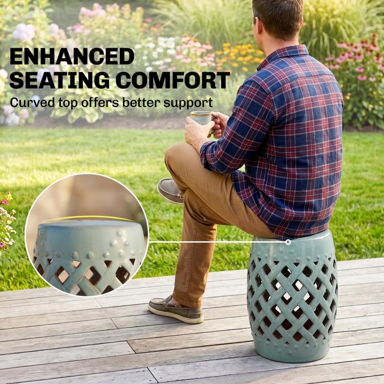 Teal glazed ceramic stool with diamond lattice sides and slightly curved top