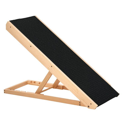 Foldable pet ramp with light pine frame and black non-slip carpet walking surface